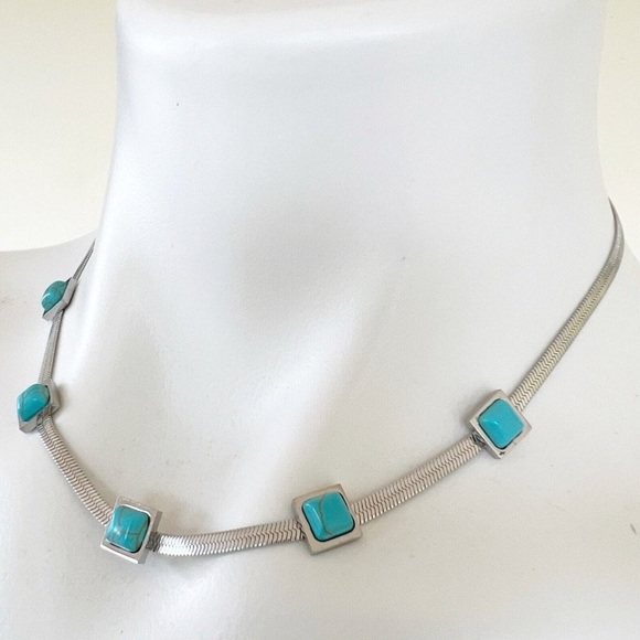 SILVER Plated turquoise Herringbone necklace Snake Womens Jewelry Fishbone - Picture 2 of 10